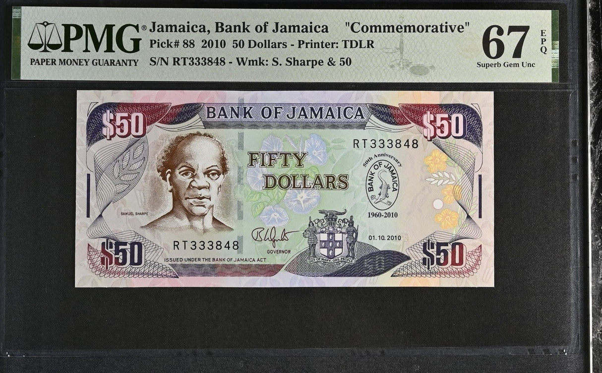 Jamaica 50 Dollars 2010 P 88 Commemorative Superb Gem UNC PMG 67 EPQ