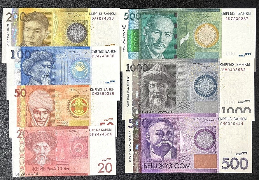 Kyrgyzstan Set 7 Pcs 20 50 100 200 500 1000 5000 Som 2016 P 24 25 26-30 UNC