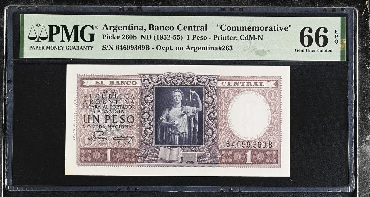 Argentina 1 Peso ND 1952-55 P 260 b Commemorative Gem UNC PMG 66 EPQ