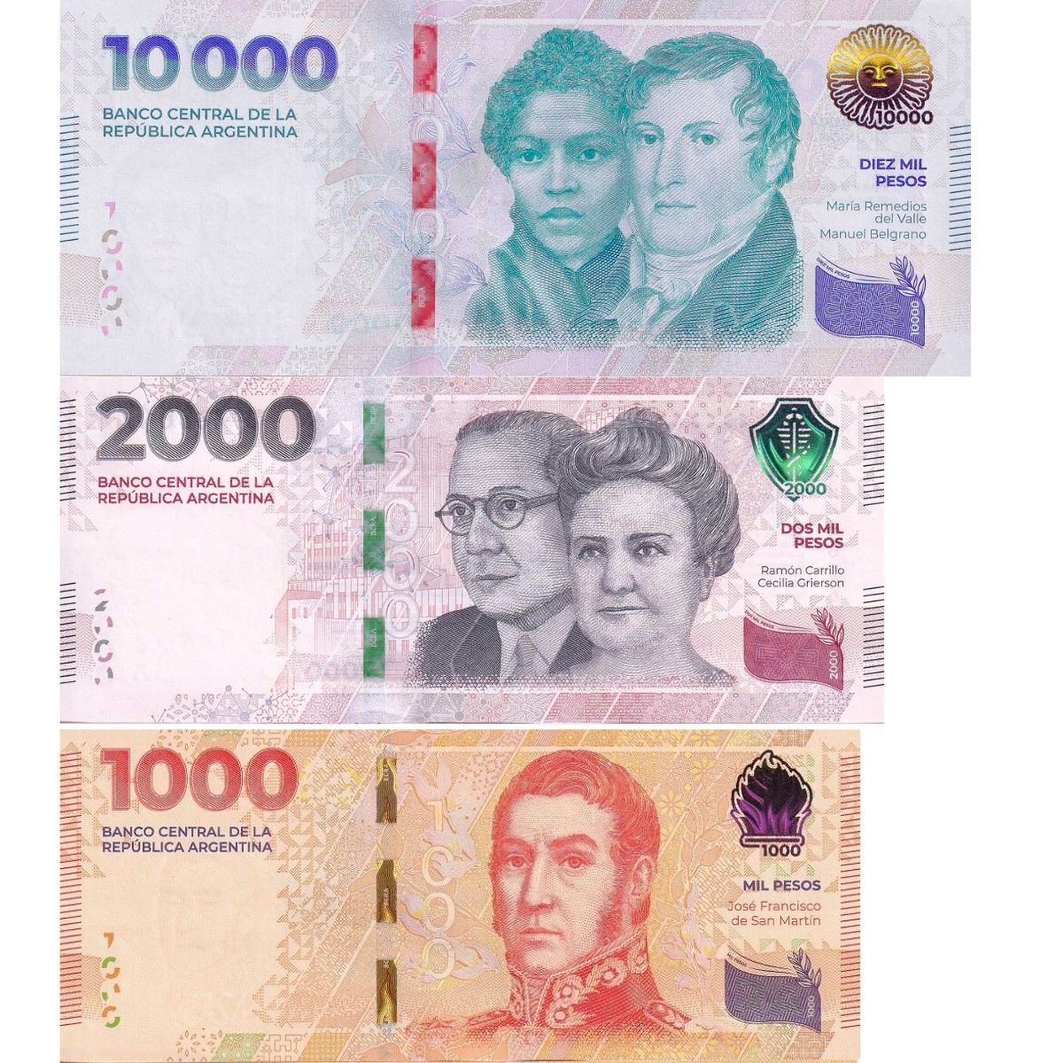 Argentina SET 3 UNC 1000 2000 10000 Pesos ND 2023 2024 P 367 368 b 369 NEW UNC