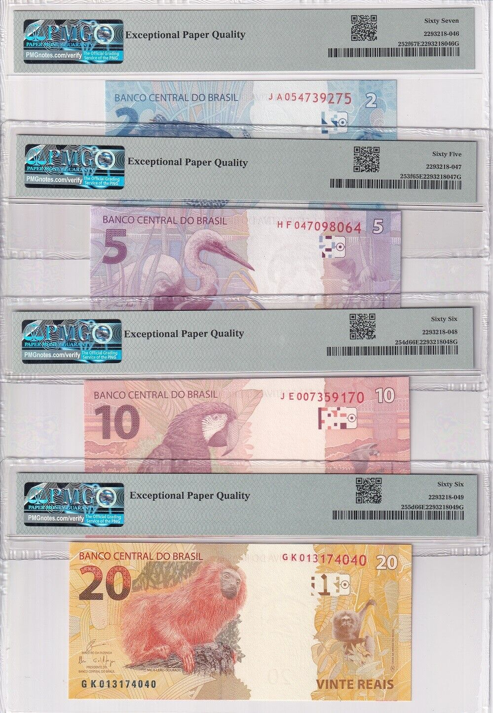 Brazil Set 7; 2 5 10 20-200 Reais 2010 P 252-P 258 Superb Gem UNC PMG 65-67 EPQ