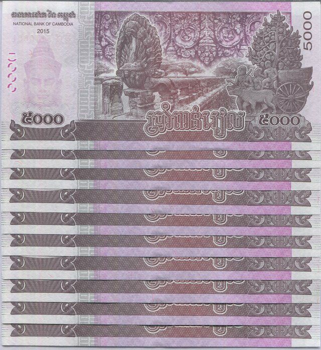 Cambodia 5000 Riels 2015 P 68 AUNC LOT 10 Pcs