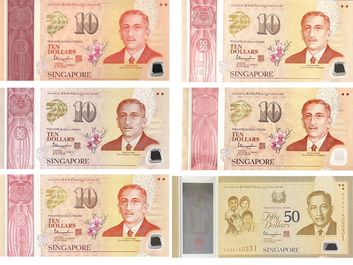 Singapore SET 6 UNC 10 Dollar x 5 Pcs 50 dollar 2015 Com. P 56 57 58 56 60 P 61