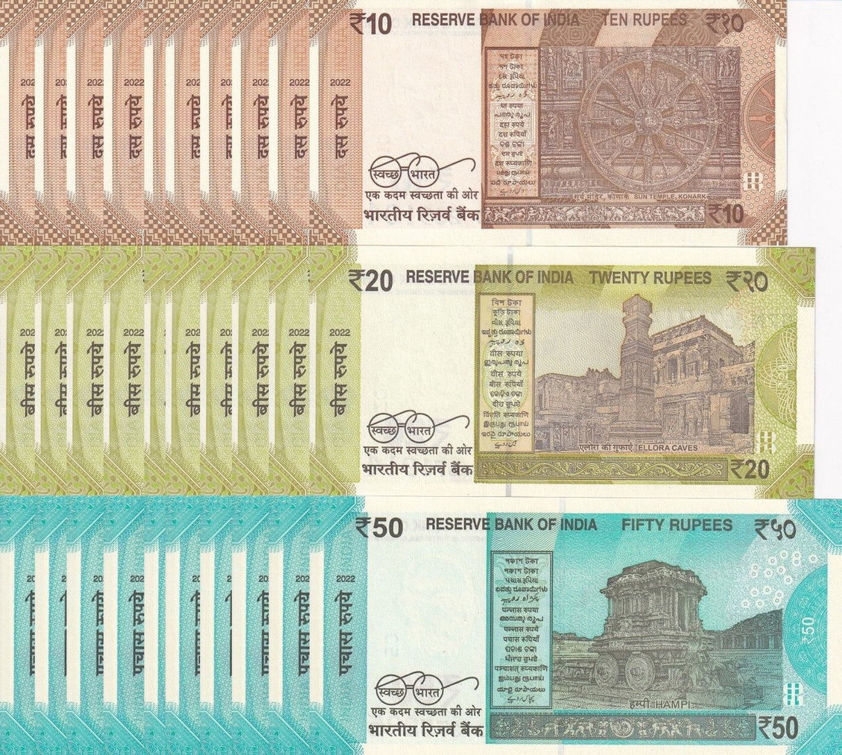 India Set 3 X Lot 10 = 30 UNC 10 20 50 Rupees Mixed Year P 109 110 111