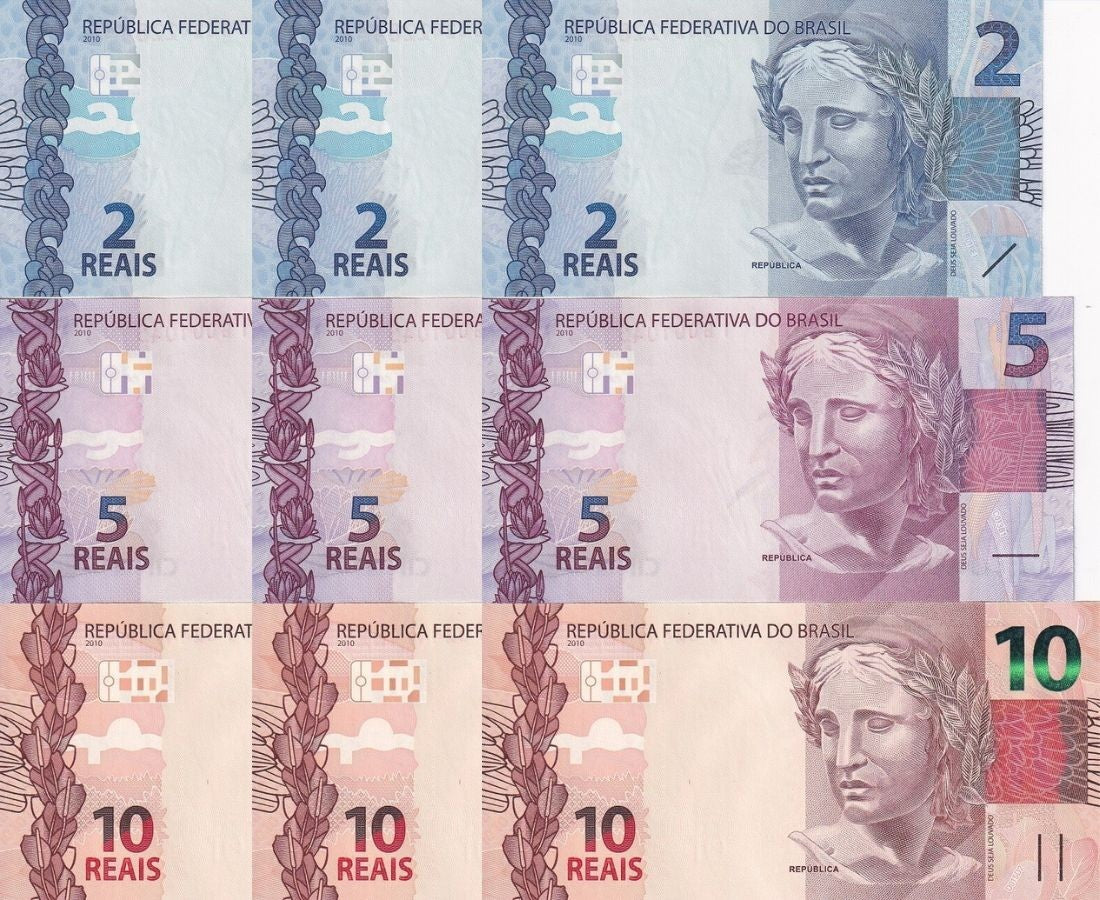 Brazil SET 3 X Lot 3 =9 UNC 2 5 10 Reais 2010-2020 P 252 P 253 P 254 Random Sign