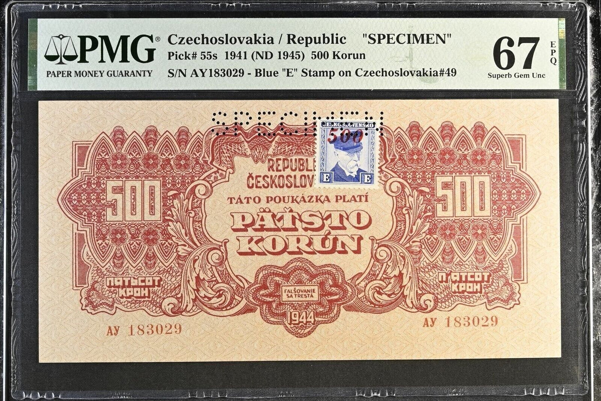 Czechoslovakia 500 Korun 1941 ND 1945 P 55 s SPECIMEN Superb Gem UNC PMG 67 EPQ