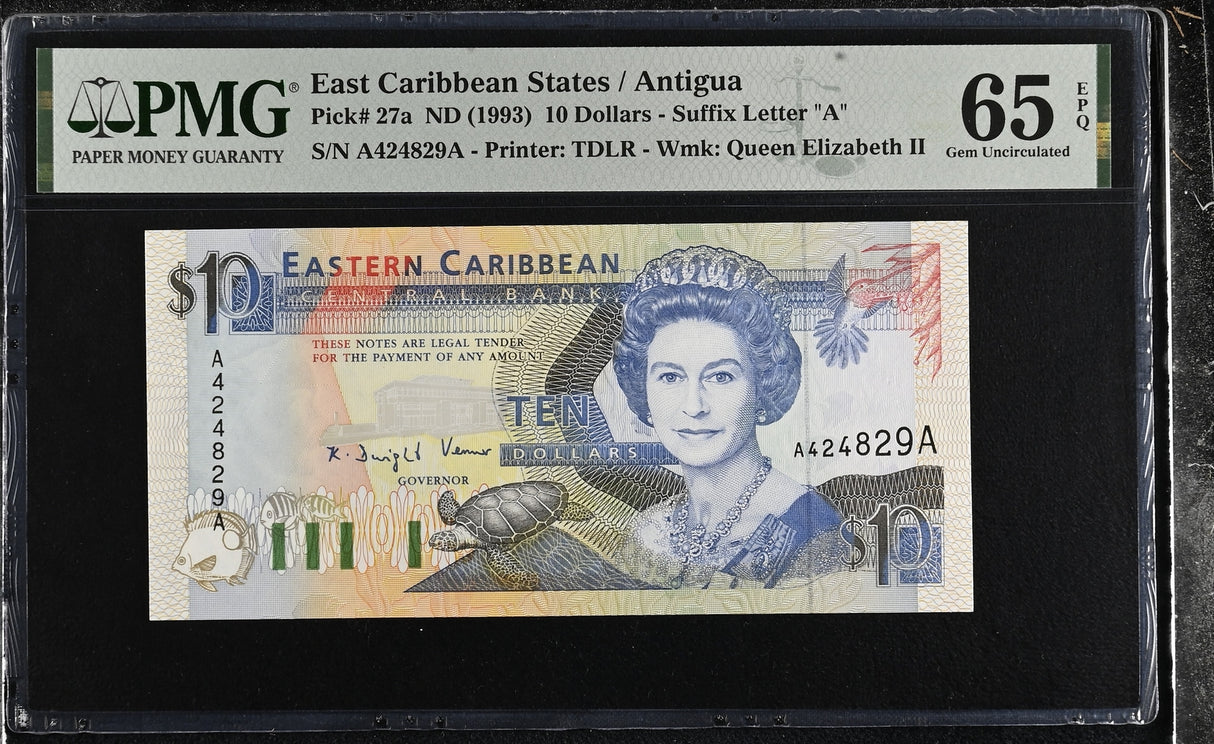 East Caribbean 10 Dollars ND 1993 P 27 a Lucia Gem UNC PMG 65 EPQ