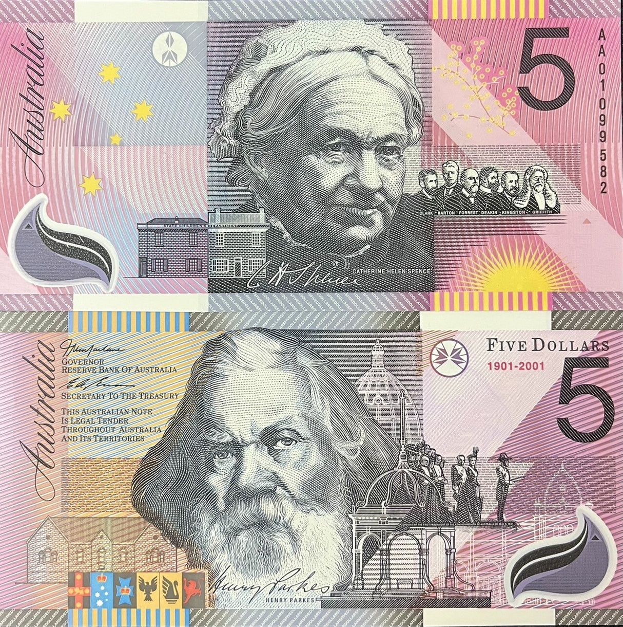 Australia 5 Dollars Commemorative 1901- 2001 Polymer P 56b With Folder