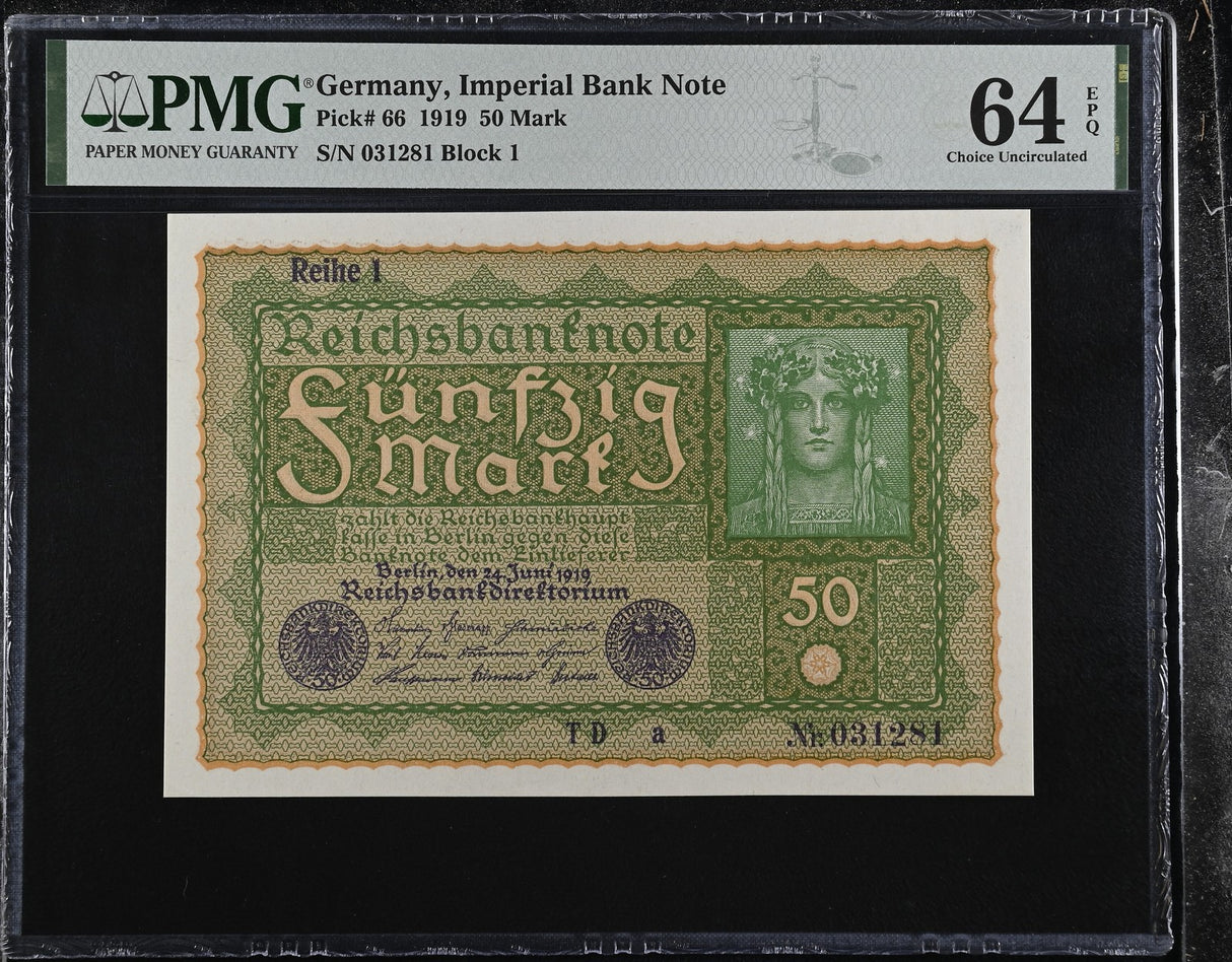GERMANY 50 Mark 1919 P 66 Choice UNC PMG 64 EPQ