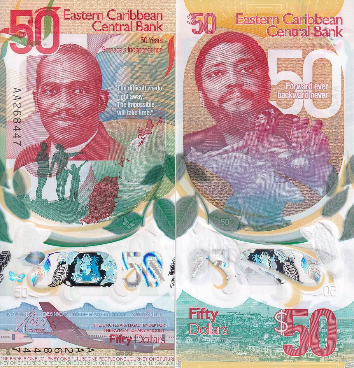 East Caribbean 50 Dollars 2024 50th Grenada Polymer Comm. P 62 UNC W/ Folder