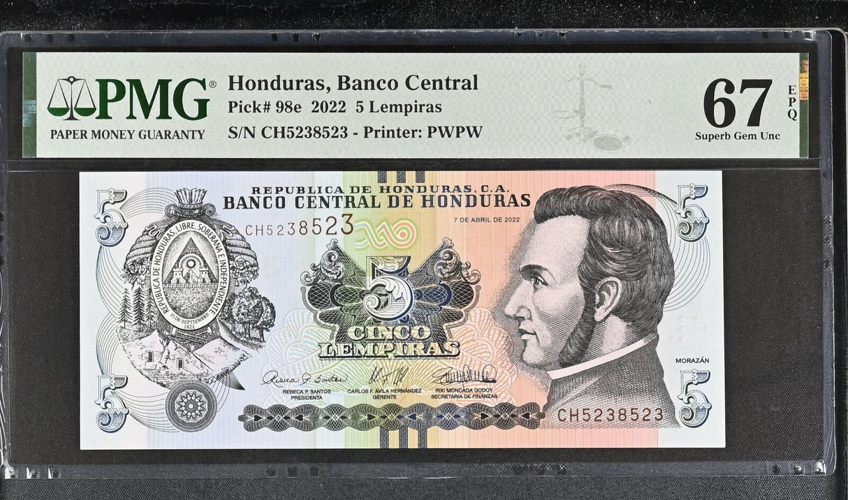 Honduras 5 Lempiras 2022 P 98 e Superb Gem UNC PMG 67 EPQ