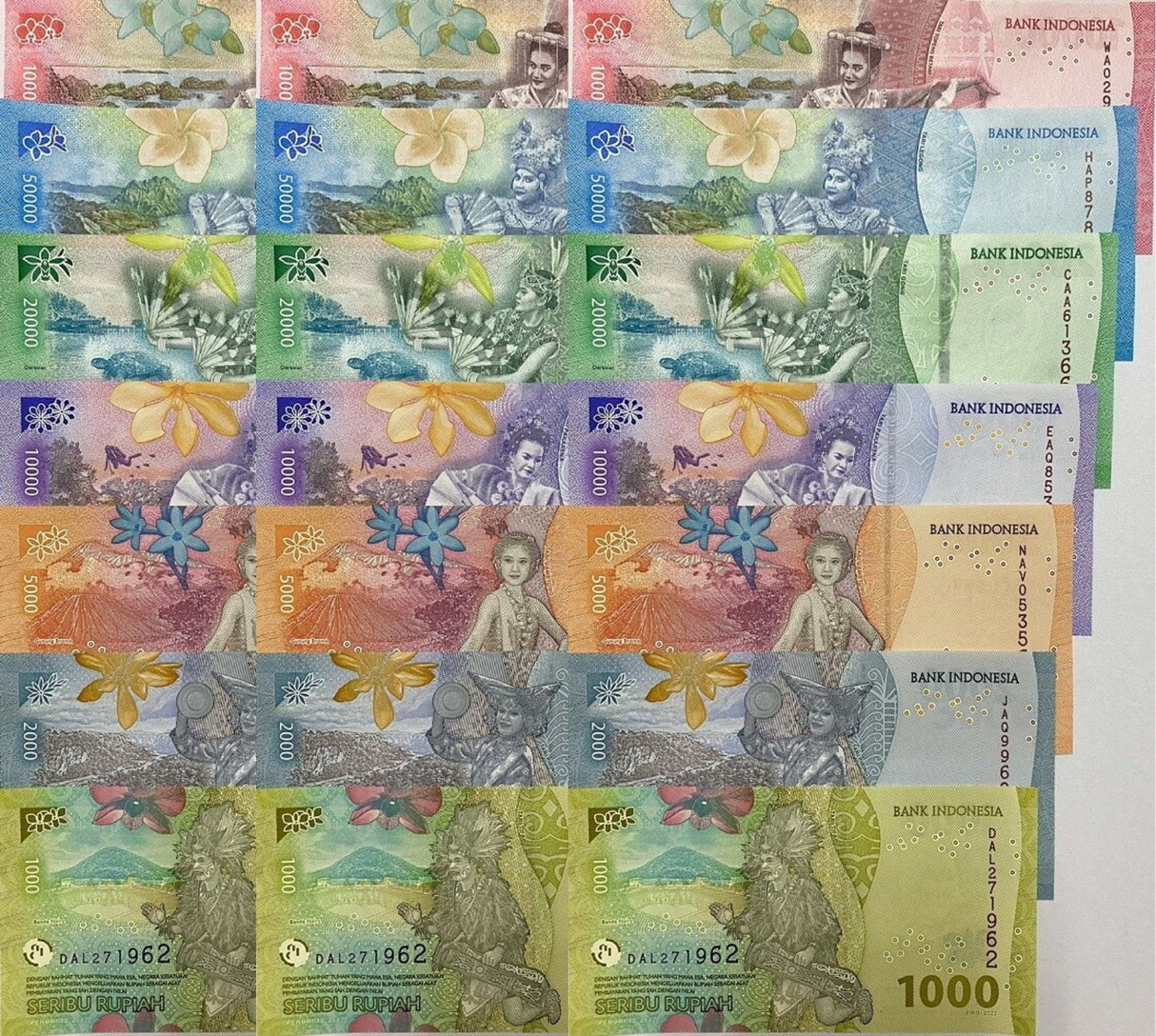 Indonesia Set 7 x LOT 3= 21 UNC 1K 2K 5000 - 100000 Rupiah P 162-168 2022 2024