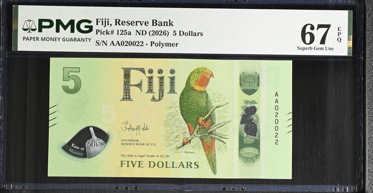 Fiji 5 Dollars ND 2026 P 125 a NICE 020022 Superb Gem UNC PMG 67 EPQ