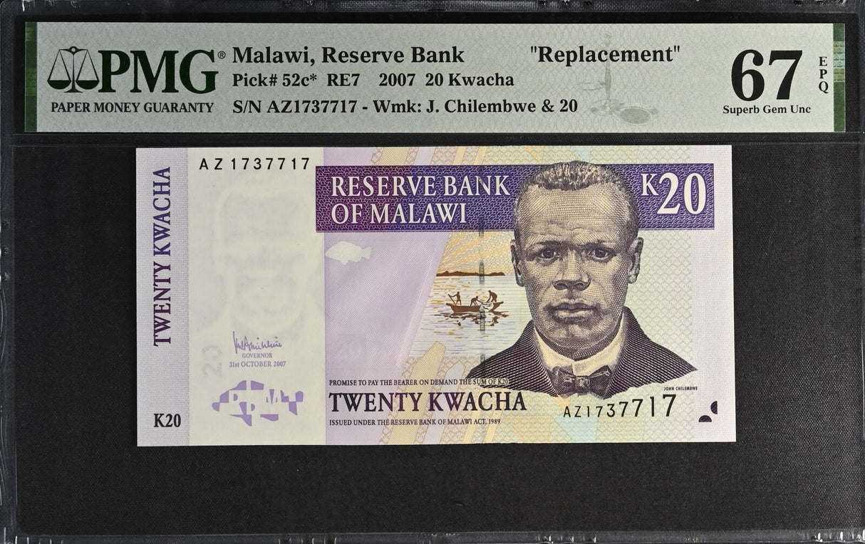 Malawi 20 Kwacha 2007 P 52 c* Replacement Superb GEM UNC PMG 67 EPQ