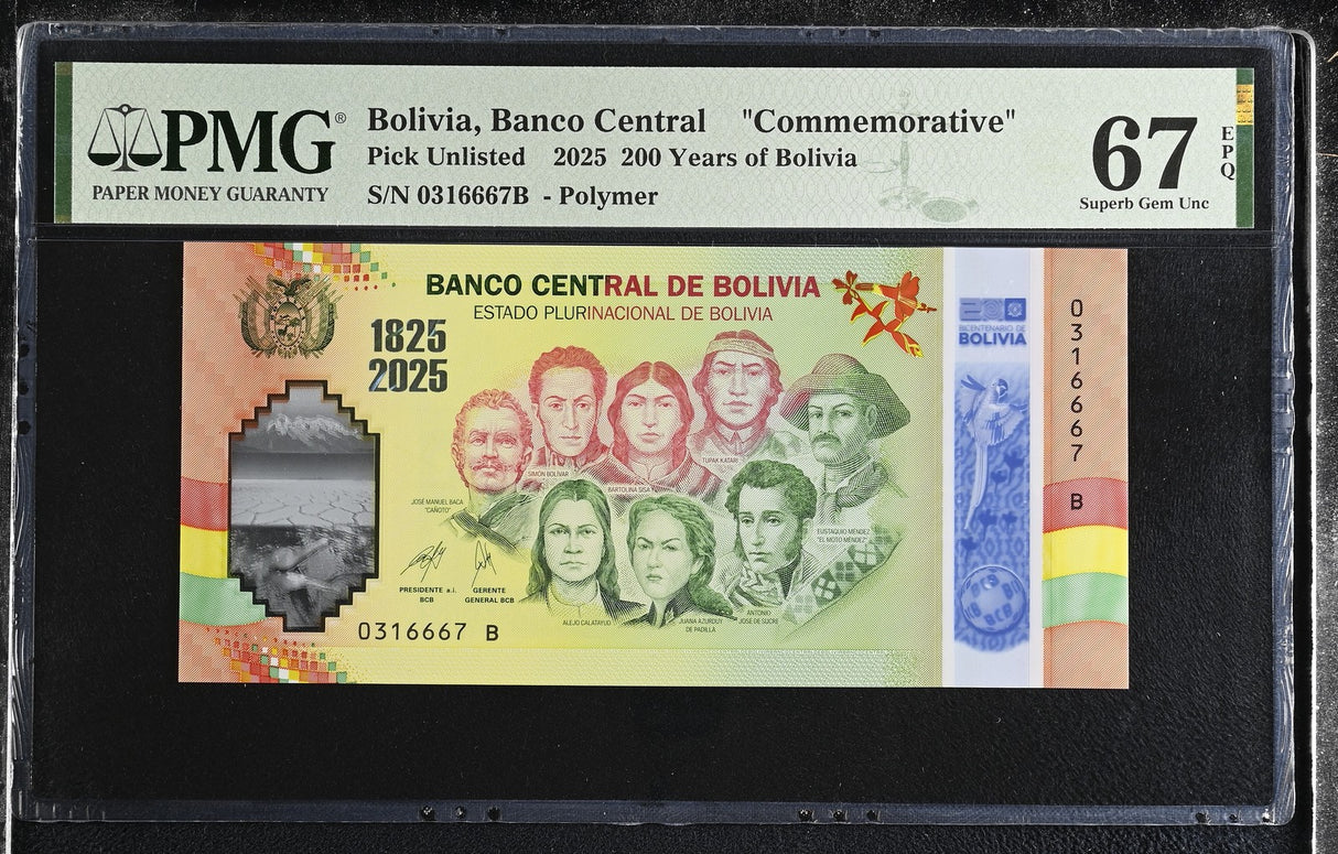Bolivia 200 Years of Bolivia 2025 Commemorative Superb Gem UNC PMG 67 EPQ