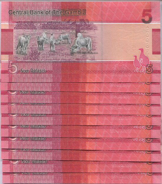 Gambia 5 Dalasis 2019 P 37 UNC LOT 10 PCS