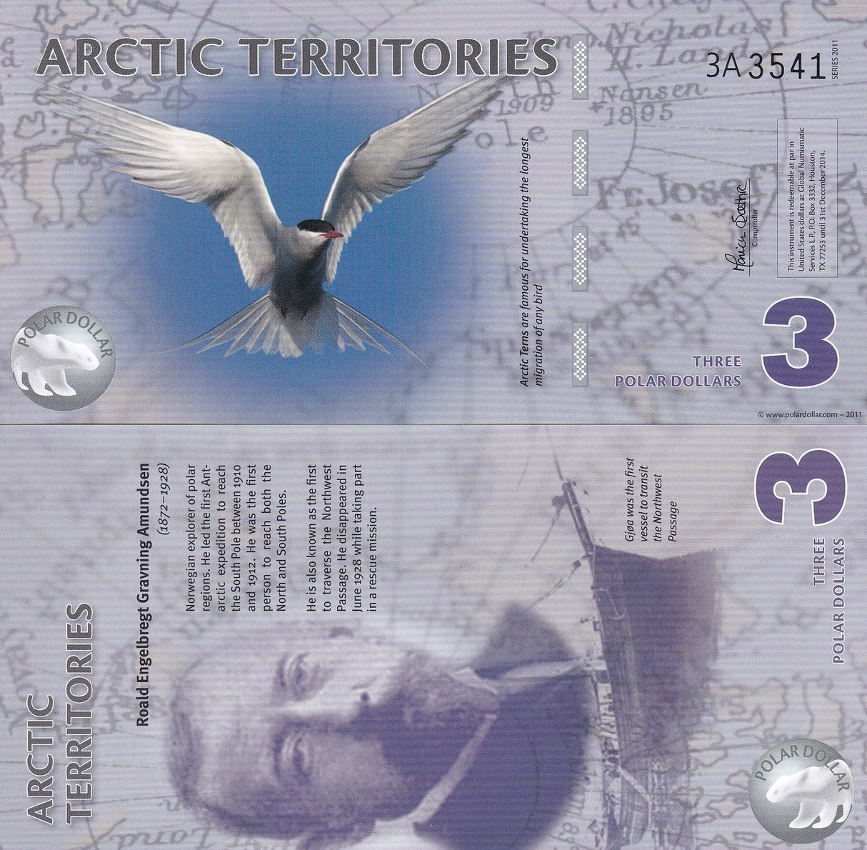 Arctic Territories 3 Dollar 2011 Polymer Polar Bird UNC