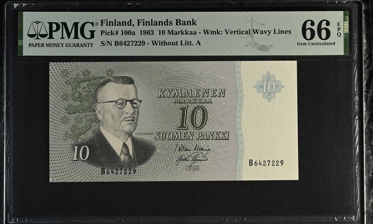 Finland 10 Markka 1963 P 100 a WithOUT Litt. A Gem UNC PMG 66 EPQ