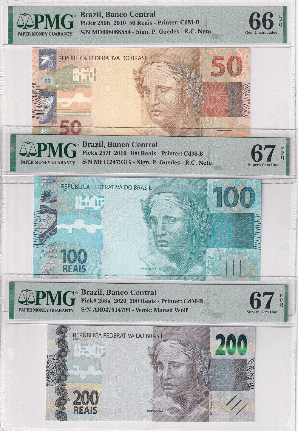 Brazil Set 7; 2 5 10 20-200 Reais 2010 P 252-P 258 Superb Gem UNC PMG 65-67 EPQ
