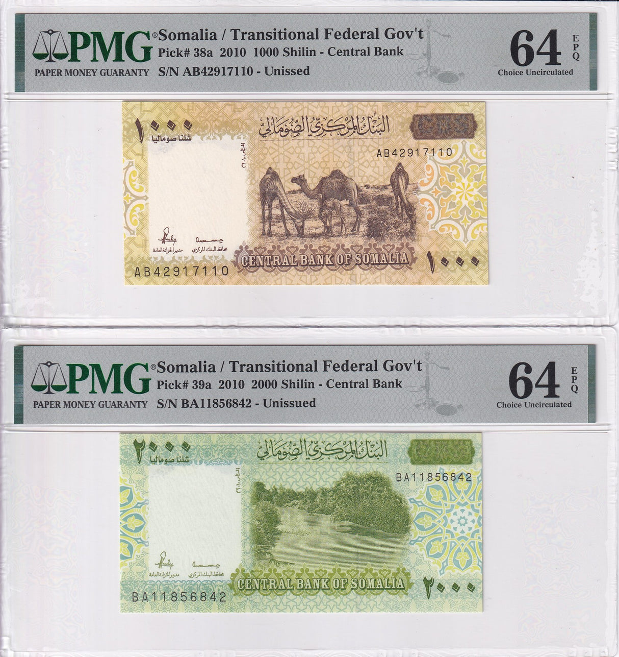 Somalia Set 2 ; 1000 2000 Shillings 2010 P 38 P 39 Choice UNC PMG 64 EPQ