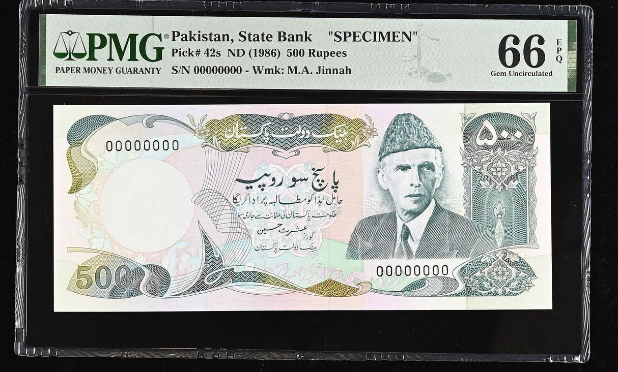 Pakistan 500 Rupees ND 1986 P 42 s SPECIMEN Gem UNC PMG 66 EPQ