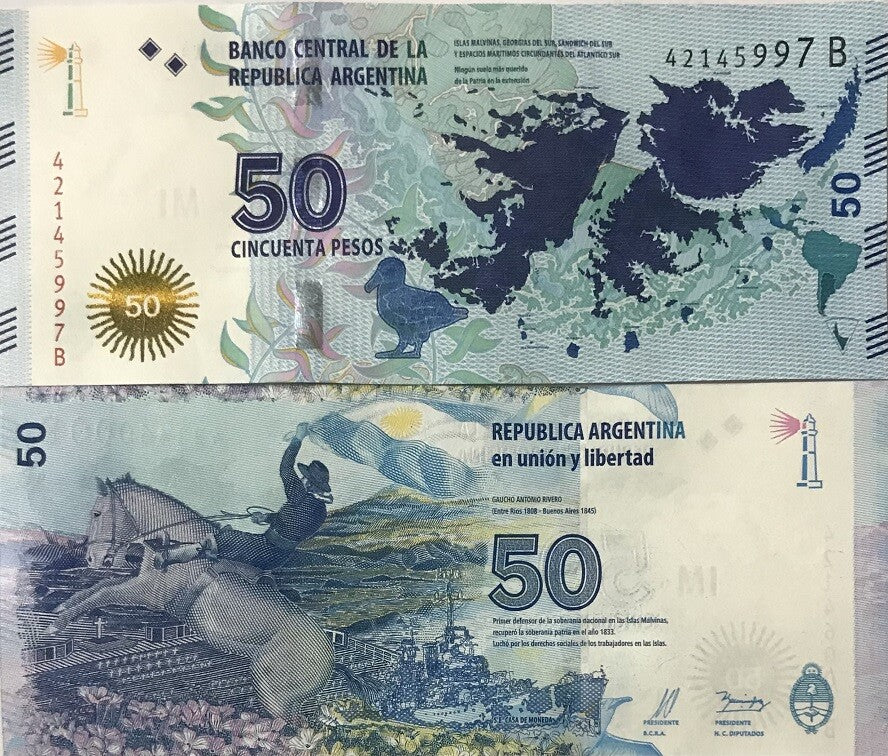Argentina 50 Pesos 2015 P 362 UNC,Outline of Islas Malvinas NHB