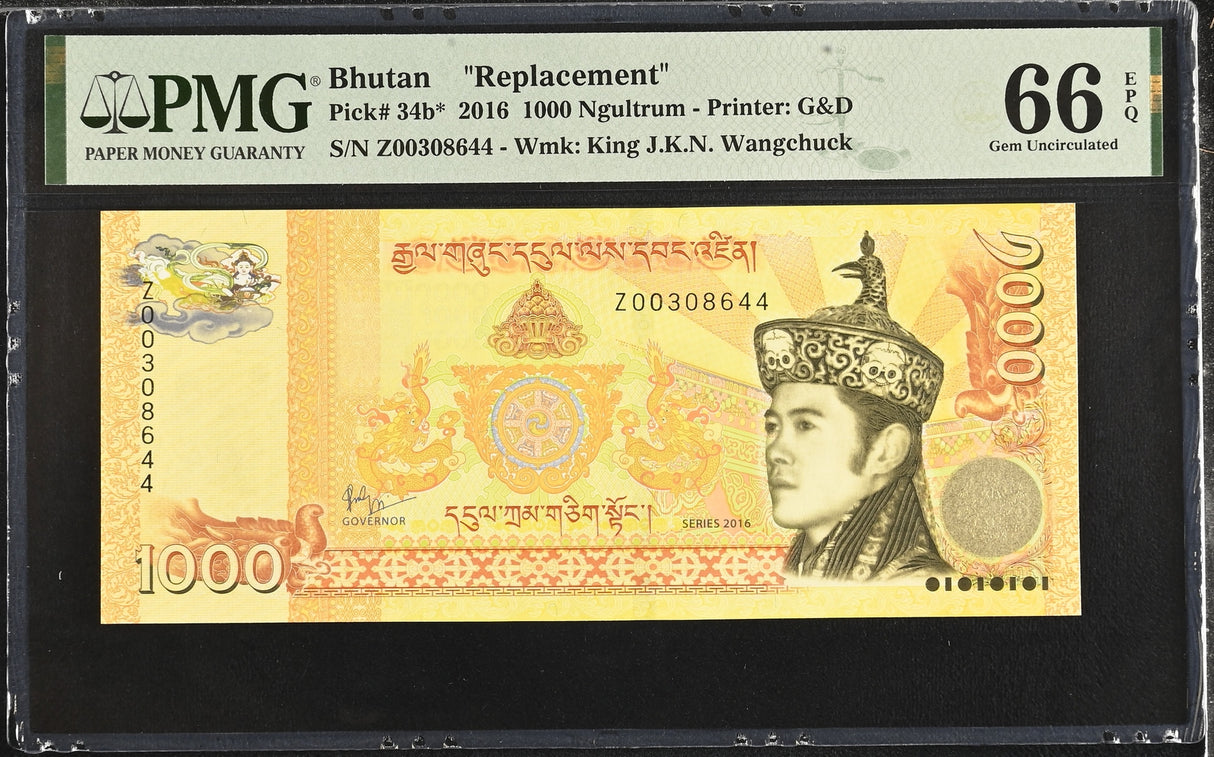 Bhutan 1000 Ngultrum 2016 P 34 b* Replacement Z Prefix Gem UNC PMG 66 EPQ