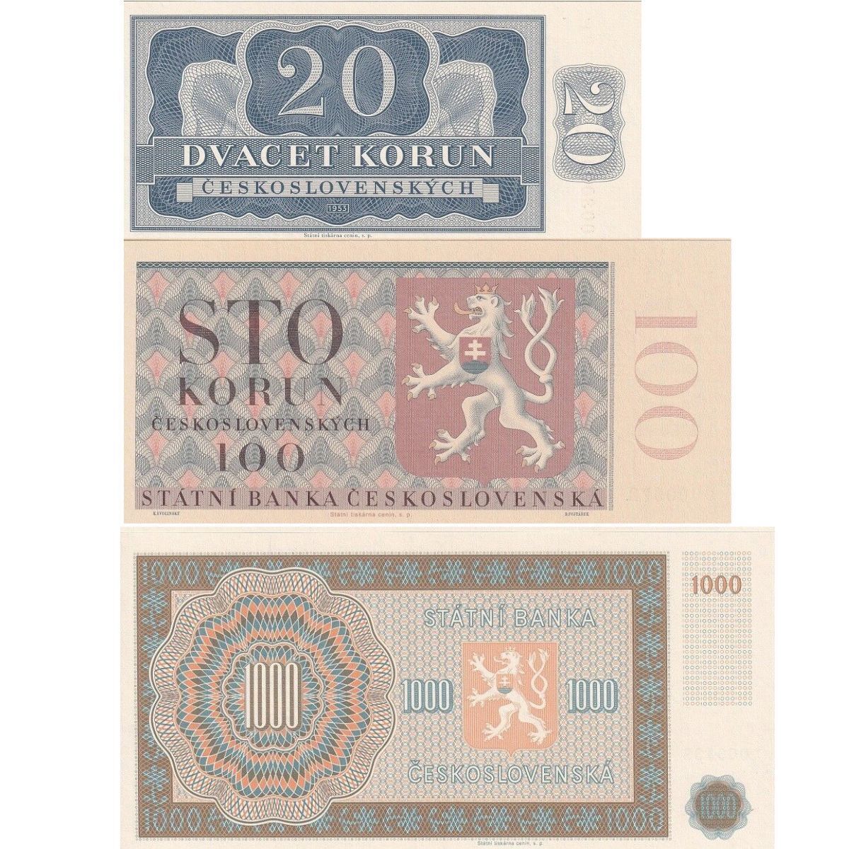SET 3 Czechoslovakia 20-1000 1953 CNB Official Reprint P 72A 76 77 UNC W/Folder
