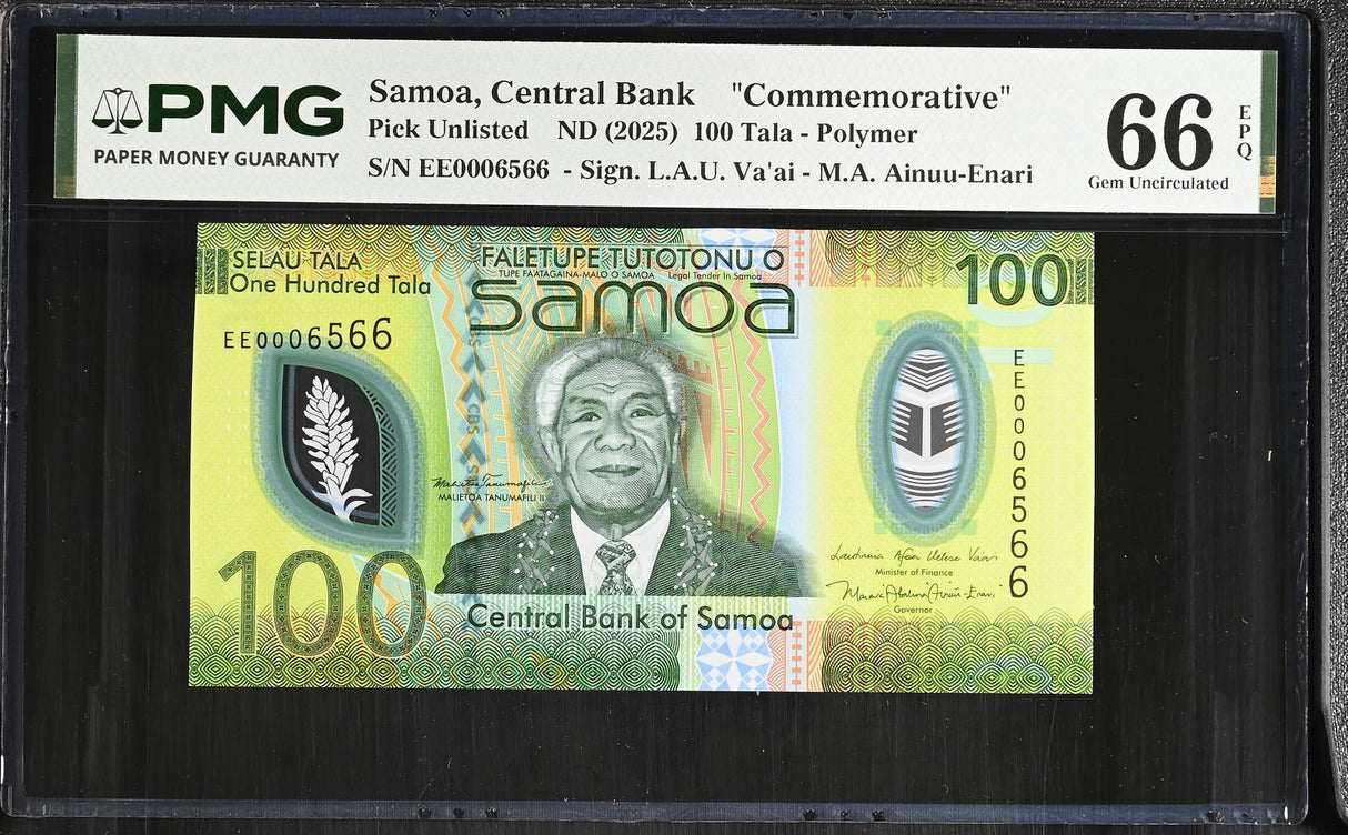 Samoa 100 Tala ND 2025 Polymer # 0006566 Commemorative Gem UNC PMG 66 EPQ