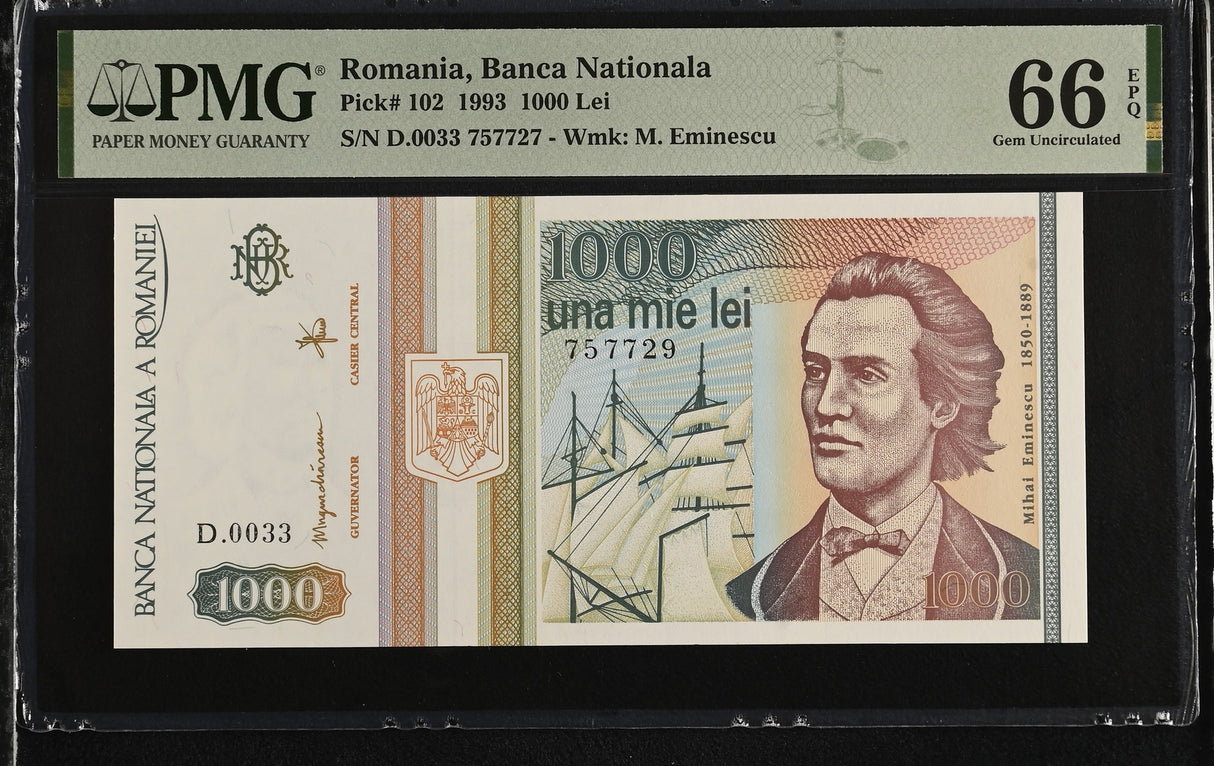 Romania 1000 Lei 1993 P 102 Gem UNC PMG 66 EPQ