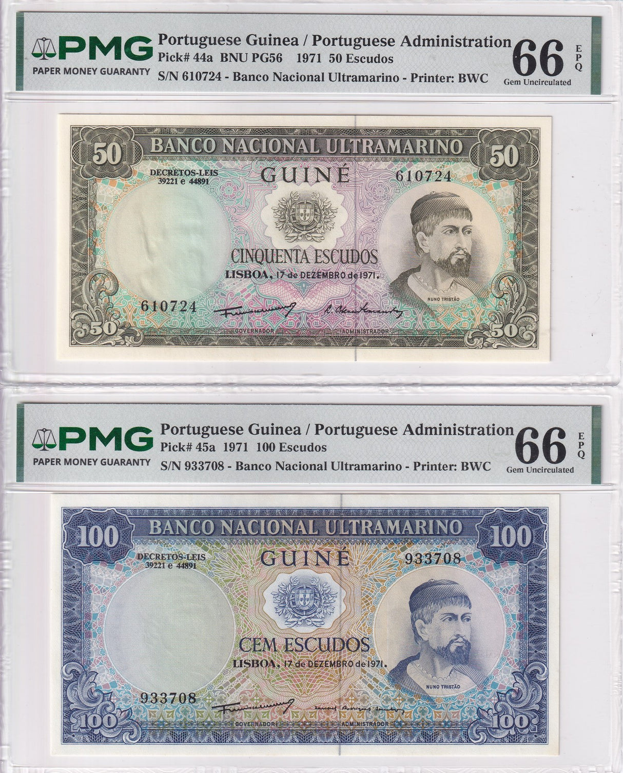 Portugal Set 2; 50 100 Escudos 1971 P 44 P 45 Gem UNC PMG 66 EPQ