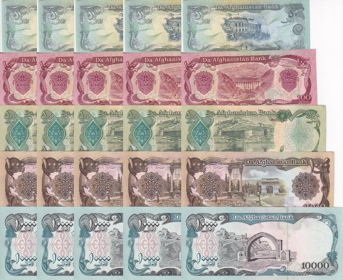 Afghanistan Set 5 X LOT 5=25 PCS 50 100 500 1000 10000 Afghanis P 57-63 UNC
