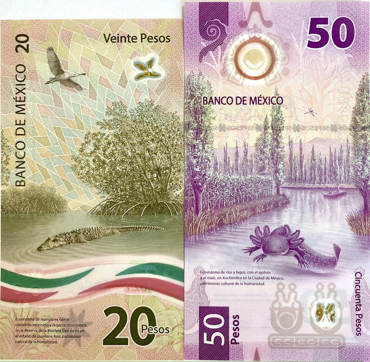 Mexico set 2 Pcs 20 50 Pesos 2021 / 2023 Polymer P 132 133 Mixed Date/Sign UNC