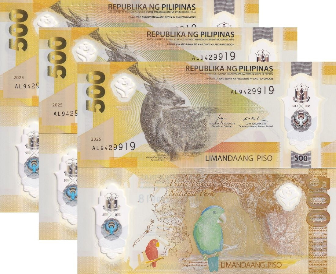 Philippines 500 Piso 2025 Deer ,blue naped parrot Polymer P 240 UNC LOT 3 PCS