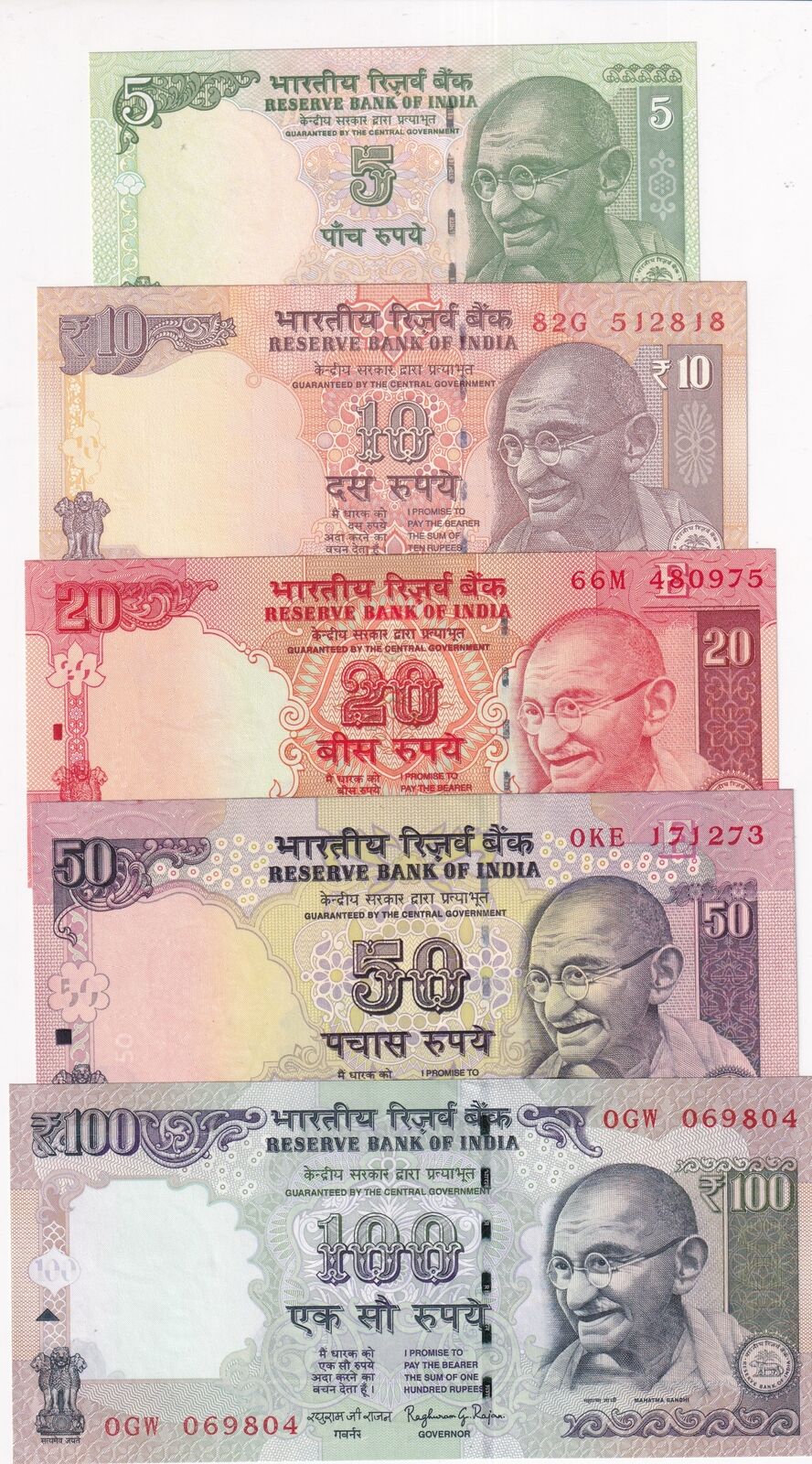 India Set 5 Pcs 5 10 20 50 100 Rupees Random Year UNC