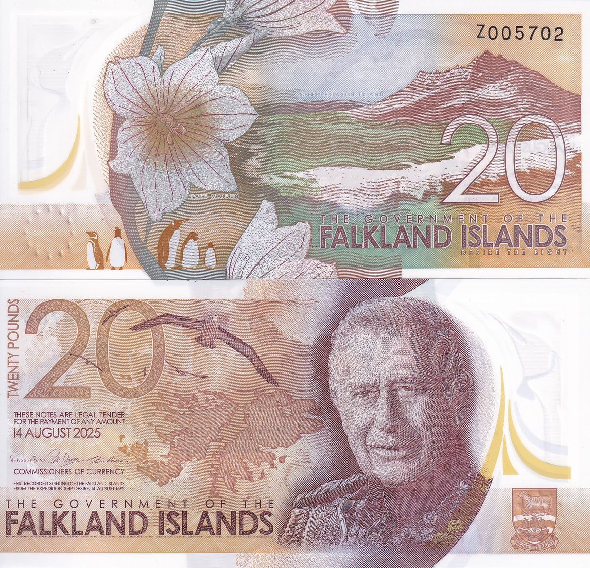 Falkland Islands 20 Pounds 2025 P 22 Polymer King Charles III Z Replacement UNC