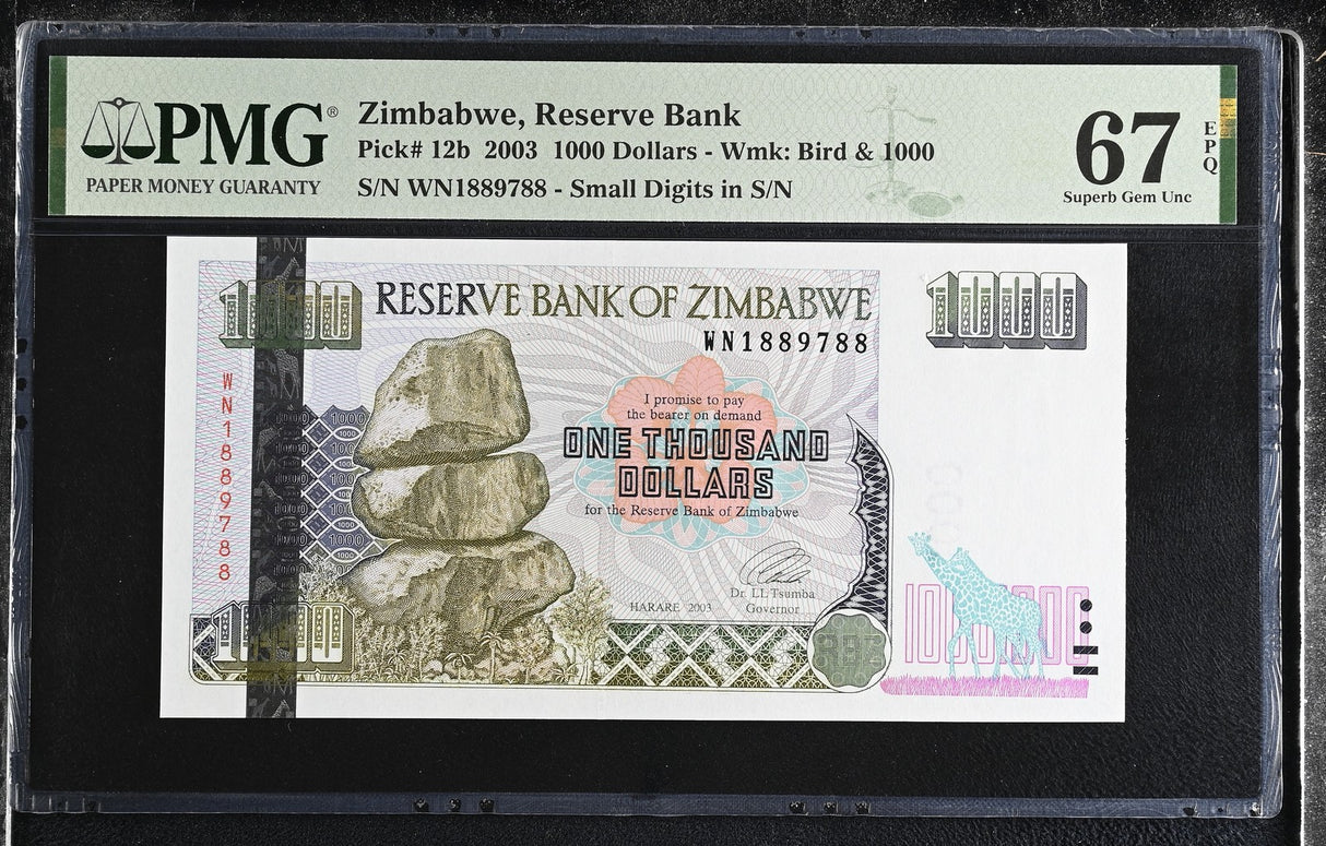 Zimbabwe 1000 Dollars 2003 P 12 b Superb Gem UNC PMG 67 EPQ
