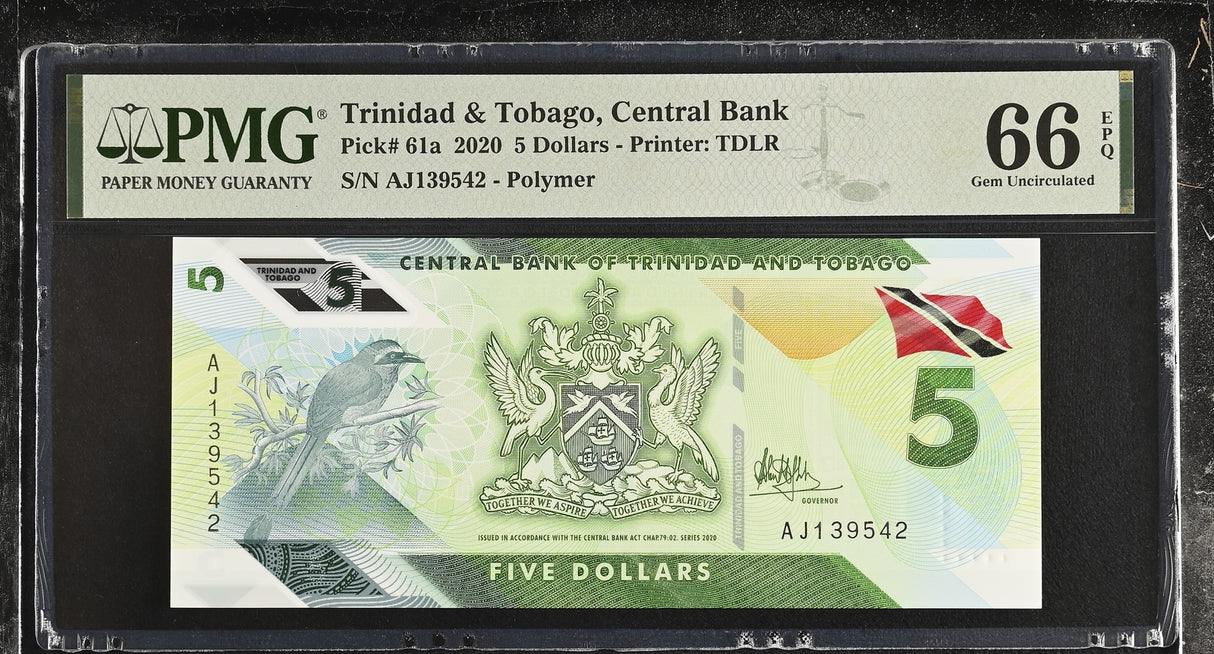 Trinidad & Tobago 5 Dollars 2020 P 61 a Polymer Gem UNC PMG 66 EPQ