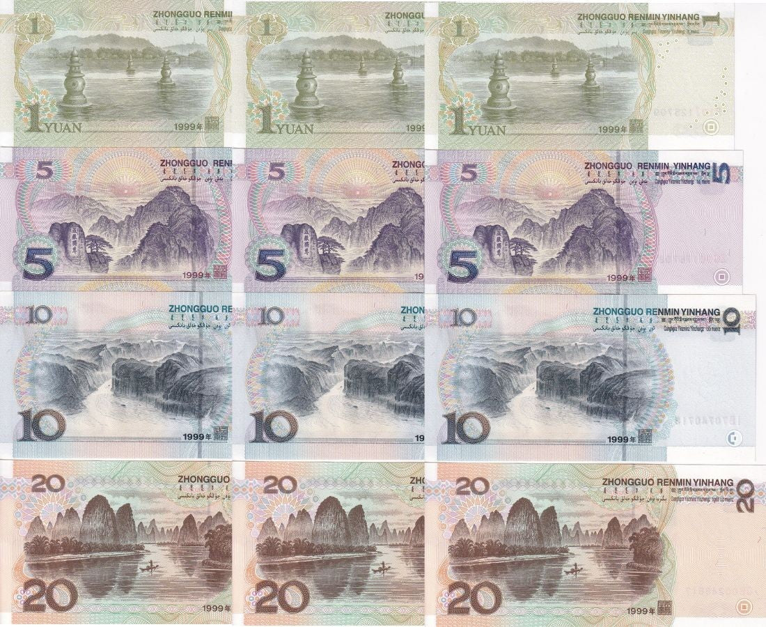 China Set 4 x LOT 3 = 12 Pcs 1 5 10 20 Yuan 1999 P 895 897 898 899 UNC