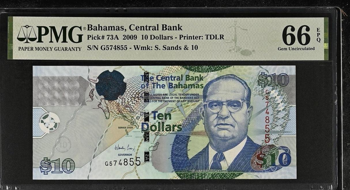 Bahamas 10 Dollars 2009 P 73A Gem UNC PMG 66 EPQ