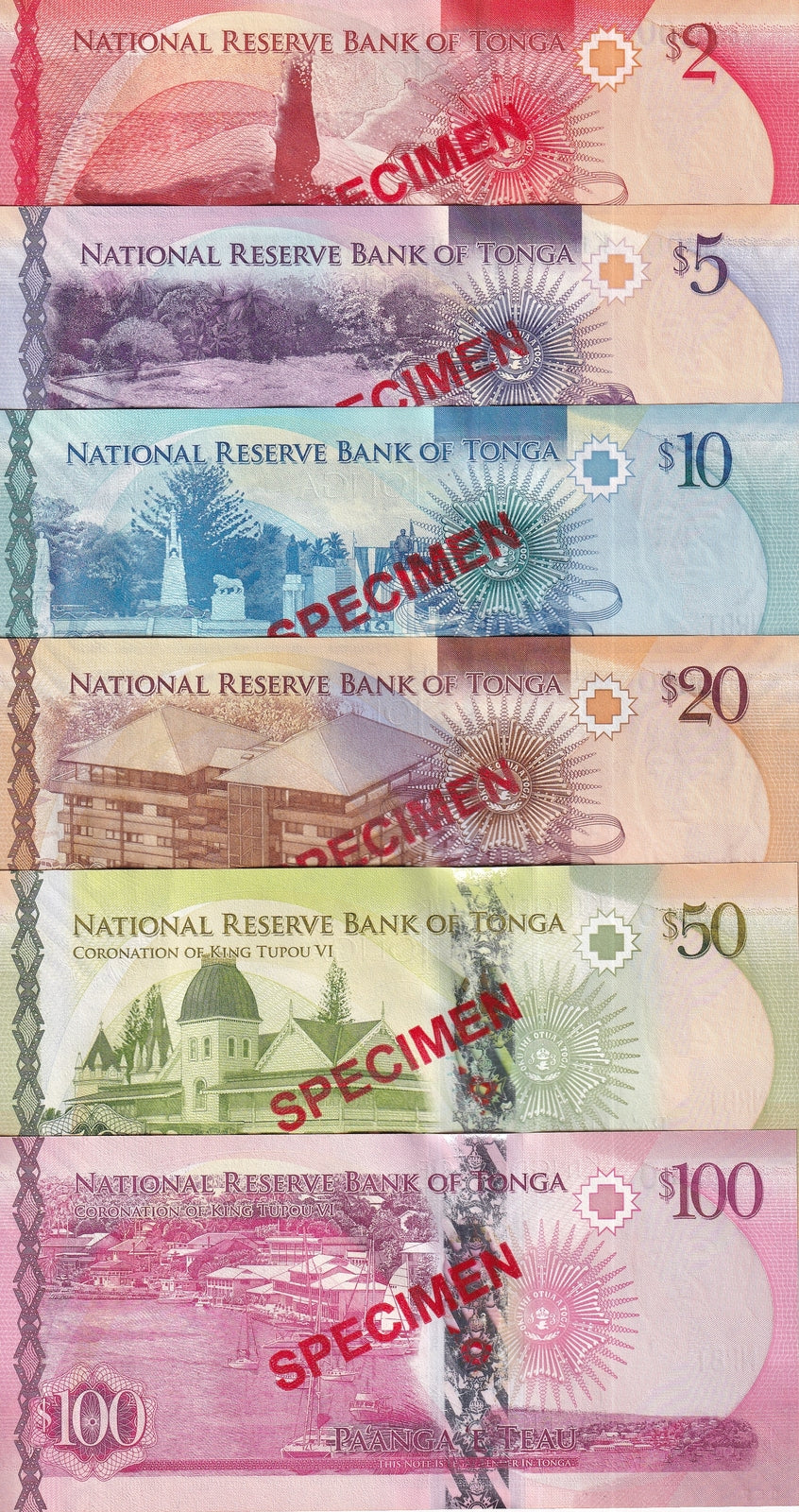 Tonga Set 6 UNC 2 5 10 20 50 100 Pa'anga ND 2015 P 44 45 46 47 48 49 SPECIMEN