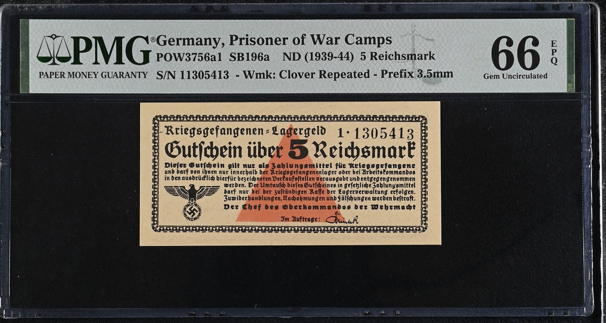 Germany 5 Reichsmark ND 1939-1944 P OW3756a1 Gem UNC PMG 66 EPQ