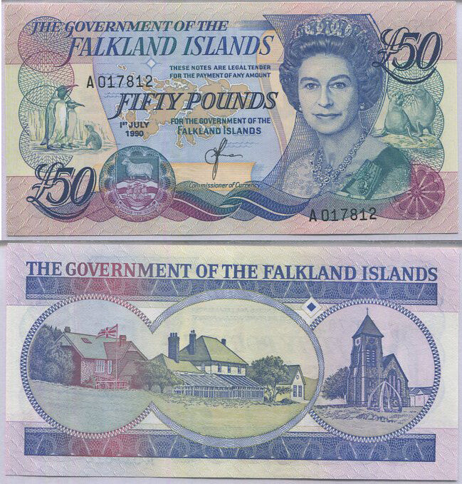 Falkland Islands 50 Pounds 1990 P 16 a UNC , QEII, Printer TDLR