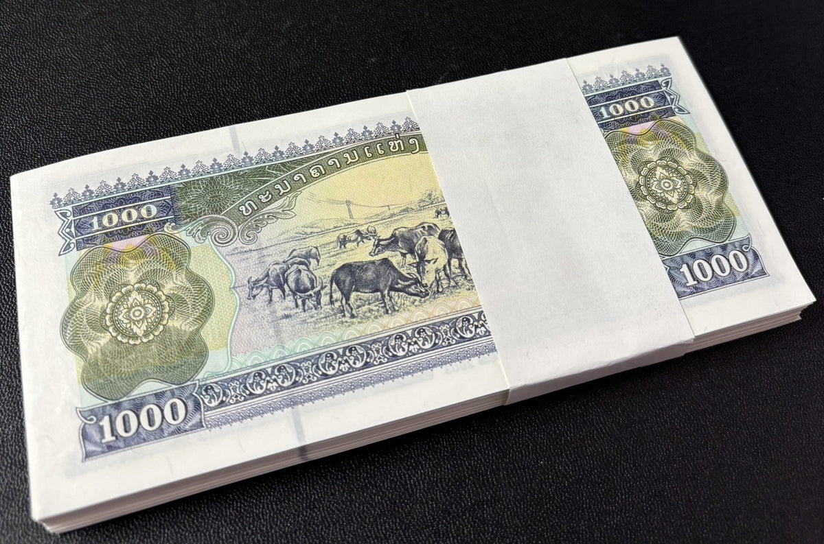 Laos 1000 Kip 2003 P 32Ab UNC LOT 100 PCS, 1 Bundle, Omen Pha That Luang pagoda