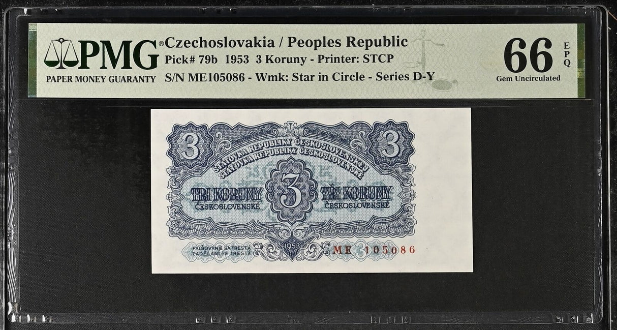 Czechoslovakia 3 Koruny 1953 P 79 b Gem UNC PMG 66 EPQ