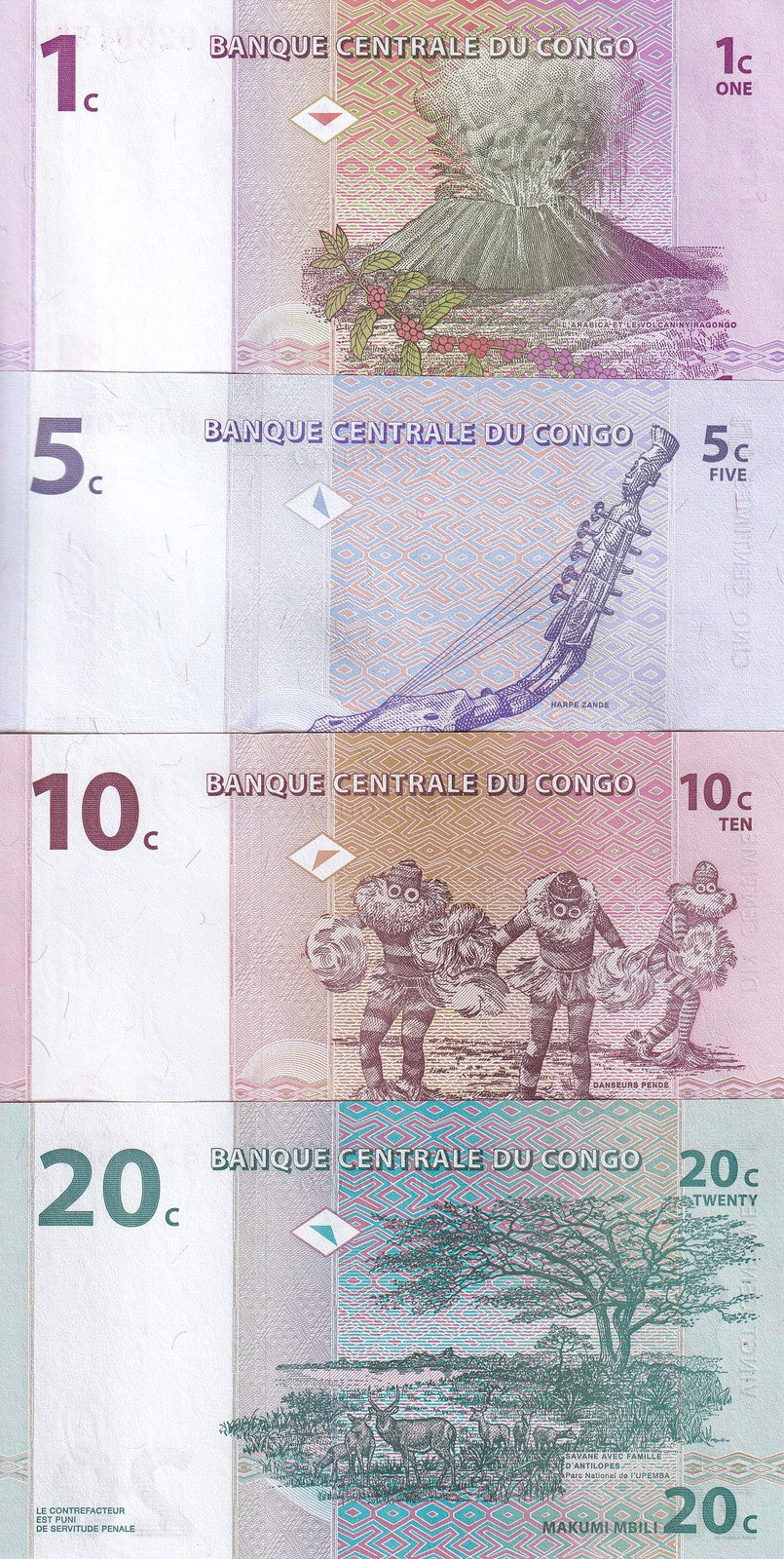 Congo Set 4 PCS 1 5 10 20 Centimes 1997 P 80 81 82 83 UNC