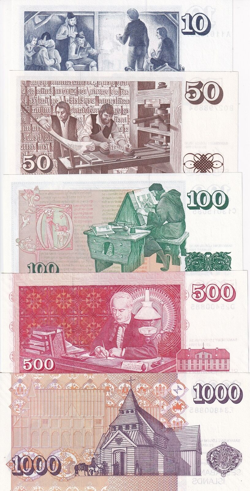 Iceland SET 5 UNC 10 50 100 500 1000 Kronur 1961-2001 P 48 49 50 58 59 UNC