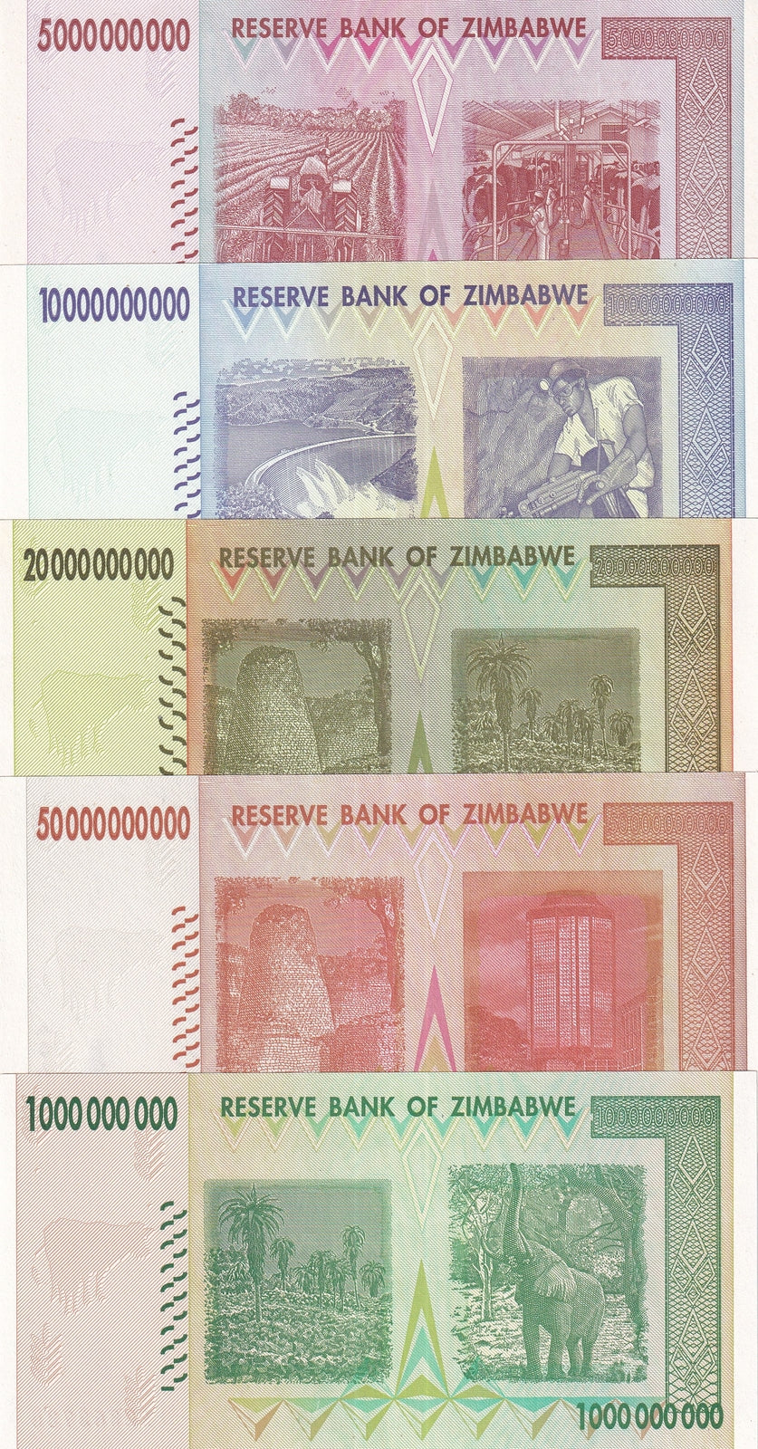 Zimbabwe SET 5 UNC 1 5 10 20 50 Billion Dollars 2008 P 83 P 84 P 85 P 86 P 87