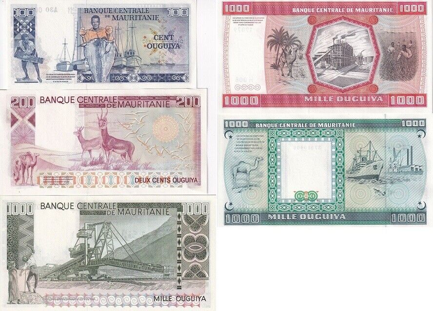 Mauritania SET 5 UNC 100 200 1000 Ouguiya 1975-1989 (2024) P 3A 3B 3C 3d 7A