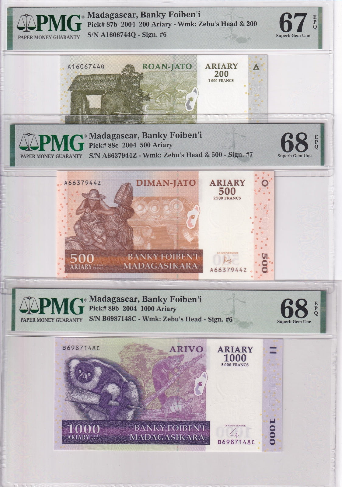 Madagascar Set 3; 200 500 1000 Ariary 2004 P 87-P89 Superb Gem UNC PMG 67 68 EPQ